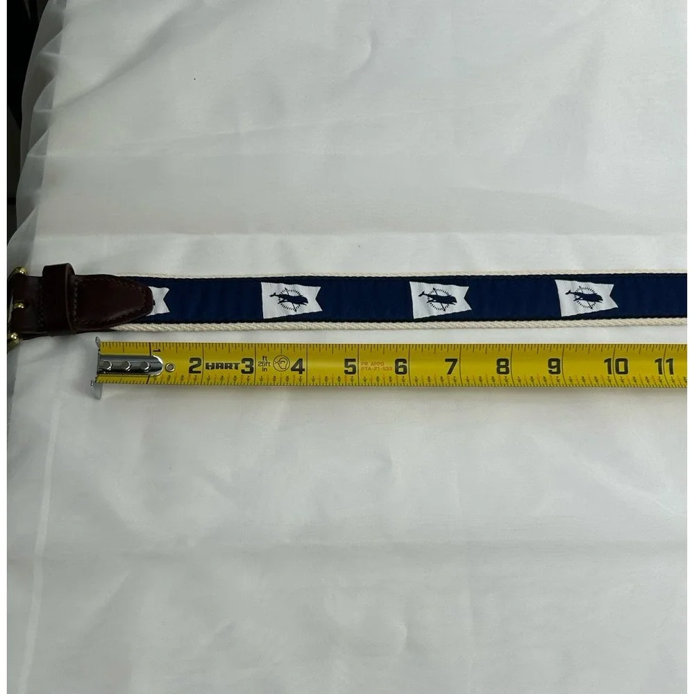 YRI Ribbon Belt Nantucket Burgee Leather Tab Brass Buckle Men's42 Navy Blue Read